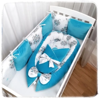 3 dílný set do postýlky (hnízdečko, rychlozavinovačka, polštářkový mantinel) - Pampelišky šedé aqua modré (velké)/VELVET aqua modrý
