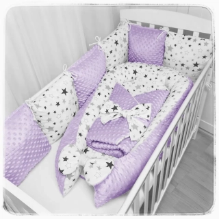 3 dílný set do postýlky (hnízdečko, rychlozavinovačka, polštářkový mantinel) - potisk šedé hvězdy na bílé/MINKY DOTS Lilac